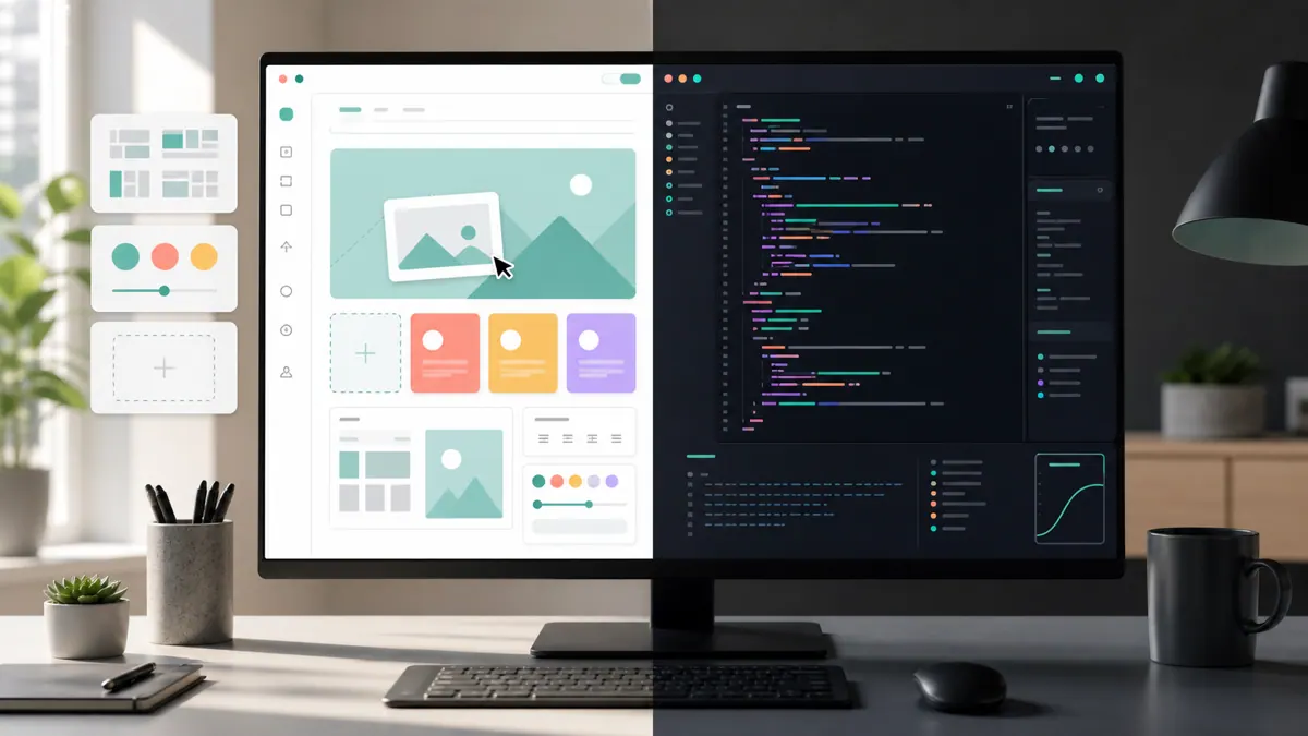 A split comparison of a visual app builder interface and a code editor side by side