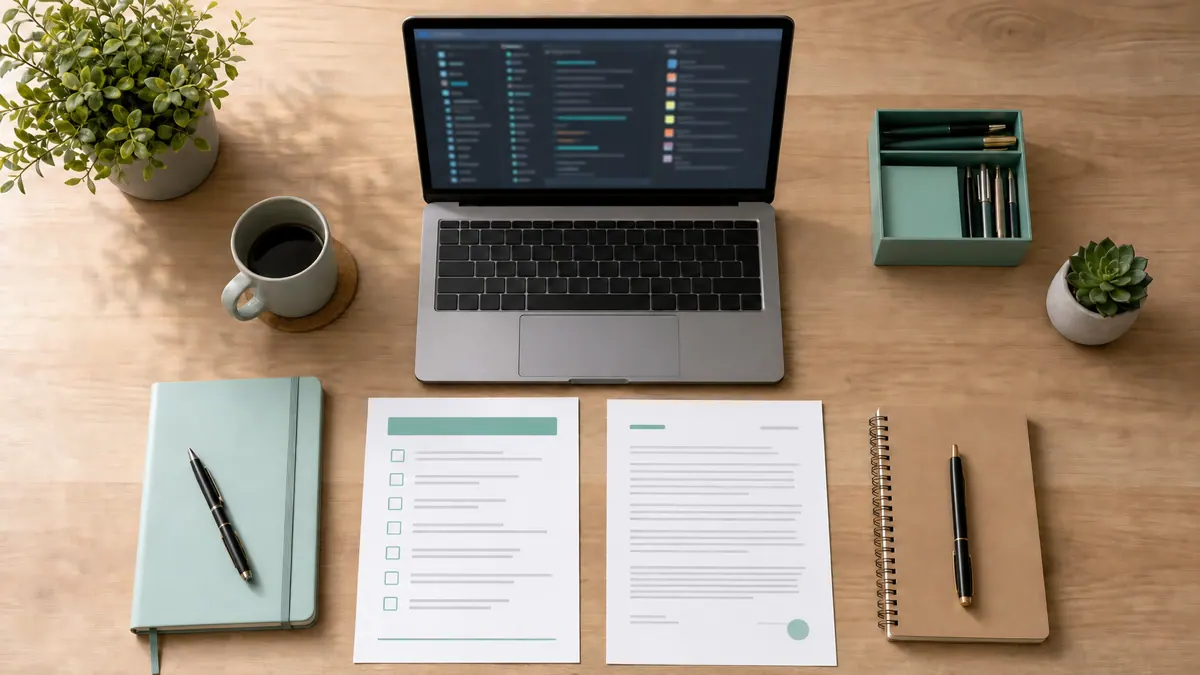 A checklist and contract laid out beside a laptop showing a code repository