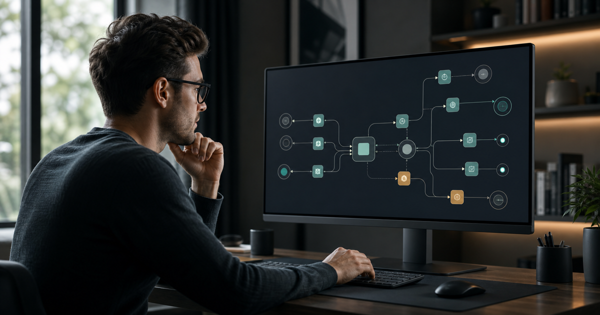 A developer building an AI agent workflow with tools and handoffs on a monitor