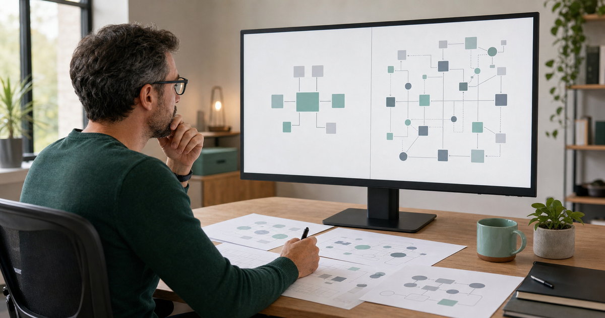 A developer comparing two database options on a screen with architecture diagrams