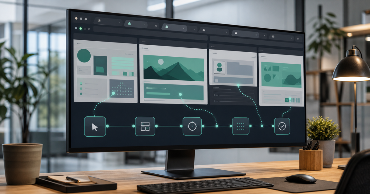 An AI agent driving a web browser across multiple tabs on a large monitor
