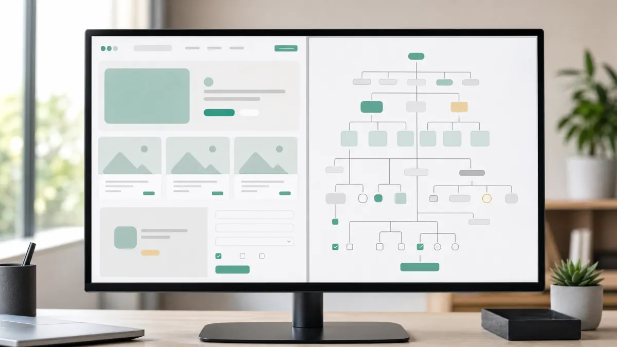 A split screen showing a rendered web page beside its structured accessibility tree of buttons and fields