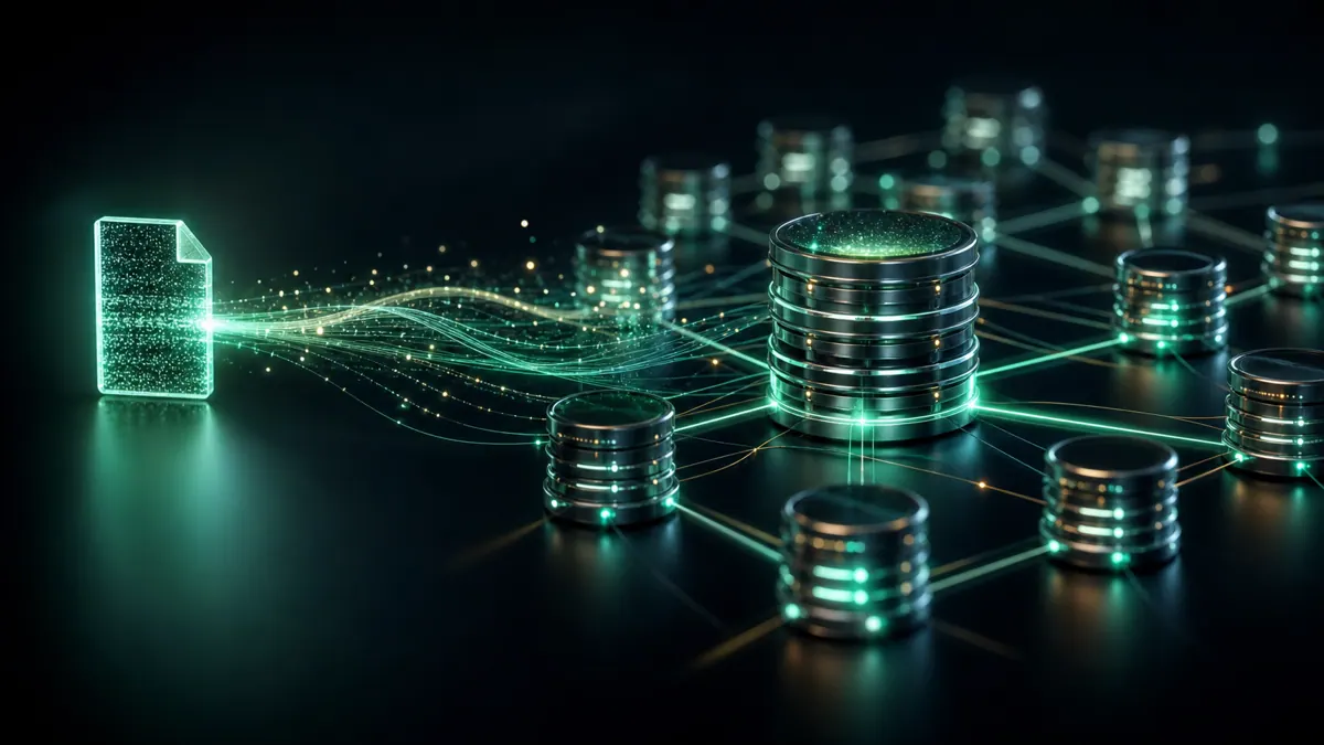 A concept image of data migrating from a single file to a managed database cluster
