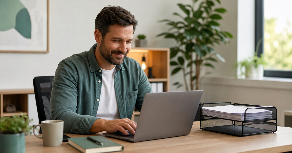 A small business owner reviewing automated bookkeeping on a laptop