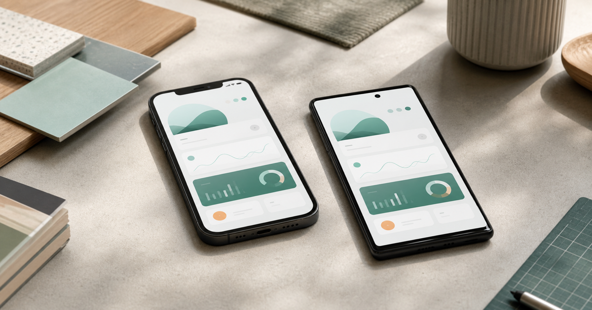 A cross-platform mobile app displayed on an iPhone and an Android phone