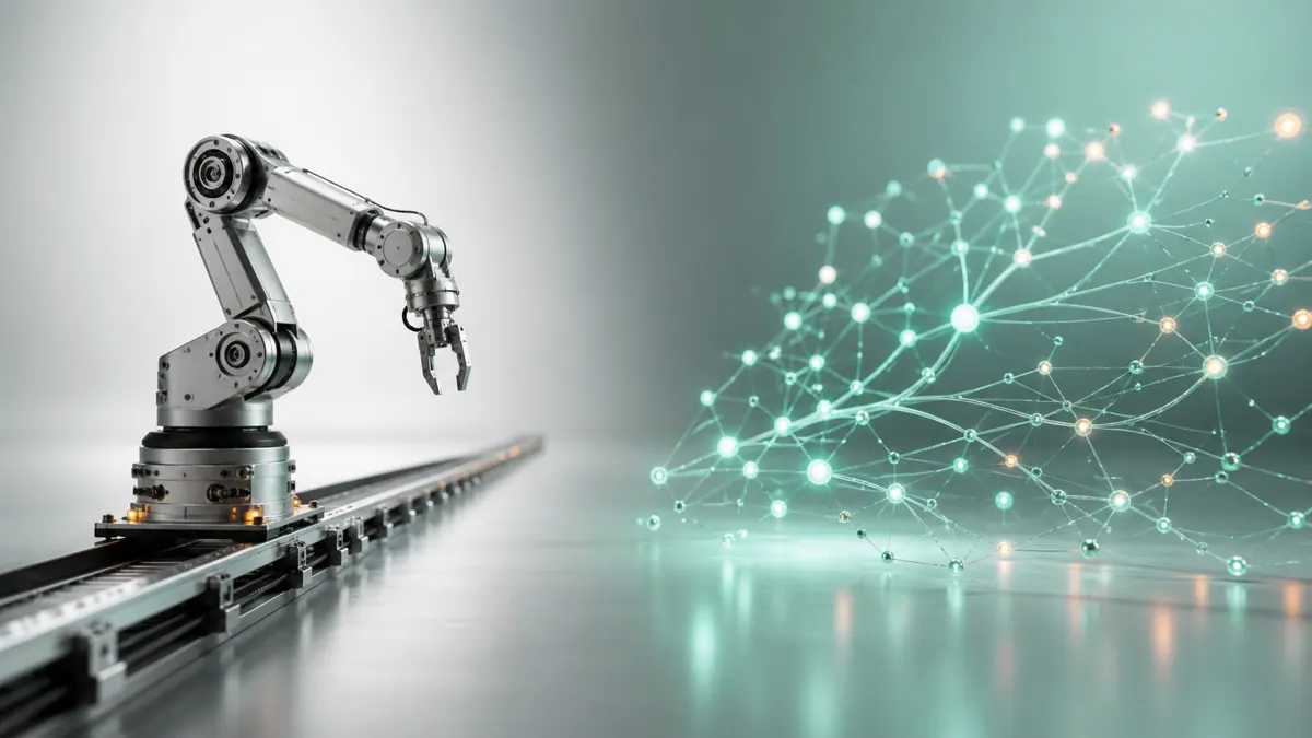 A software robot following a fixed path beside an AI agent reasoning across several tools