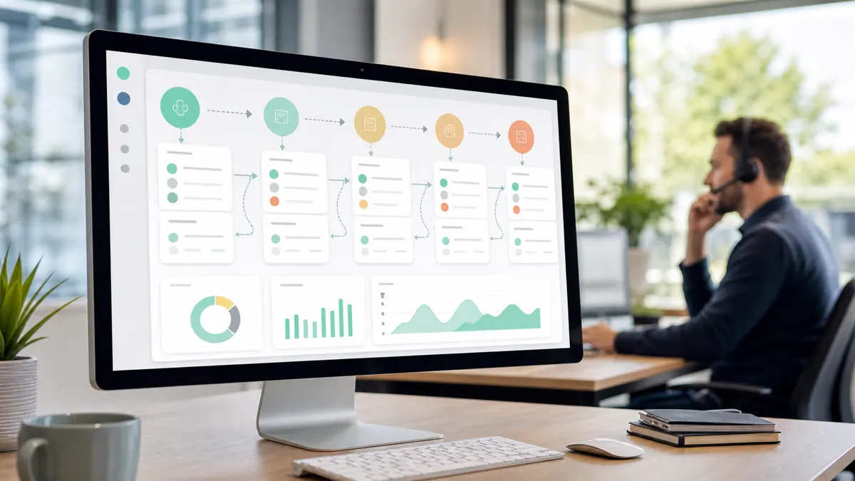 A sales pipeline dashboard showing automated tasks flowing while a rep focuses on a call