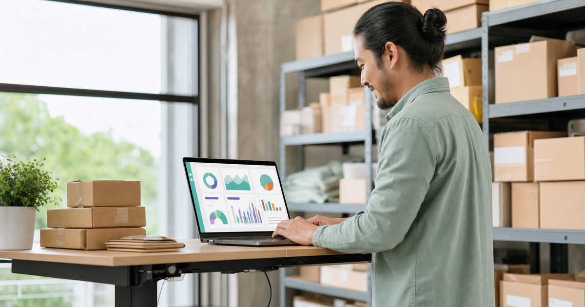 A store owner reviewing order and inventory dashboards on a laptop in a small warehouse