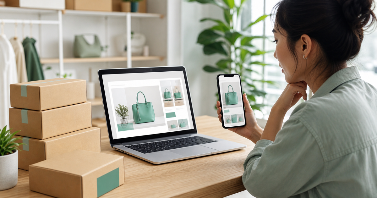 An ecommerce store owner reviewing a fast-loading product page on a laptop and phone