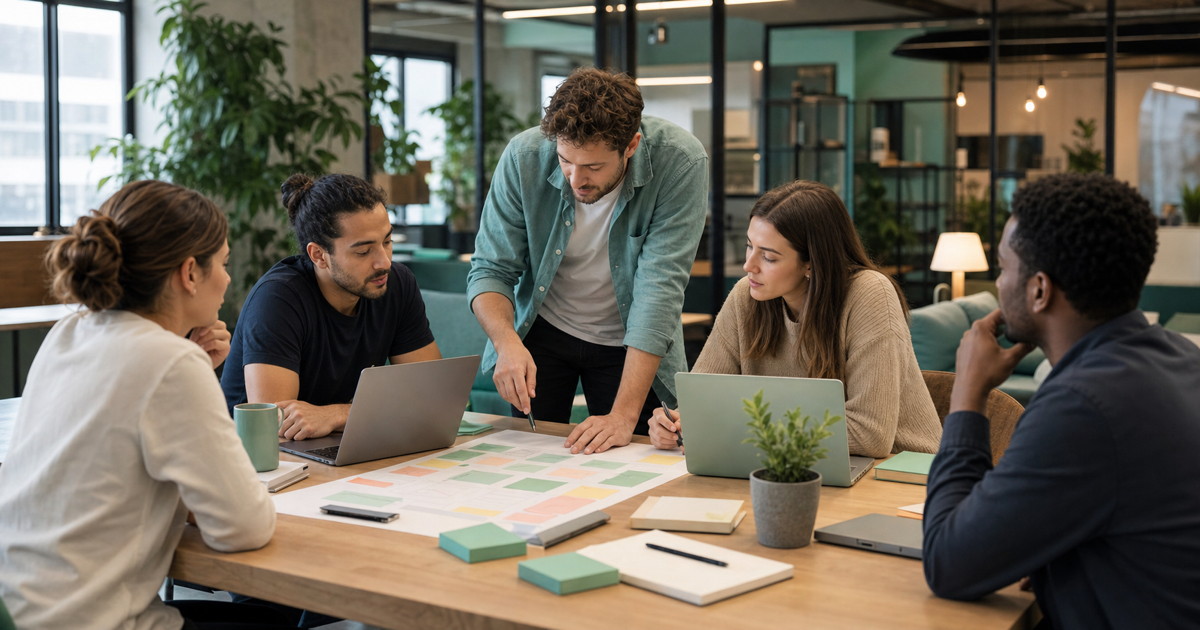 A startup founder reviewing a product roadmap with a small development team