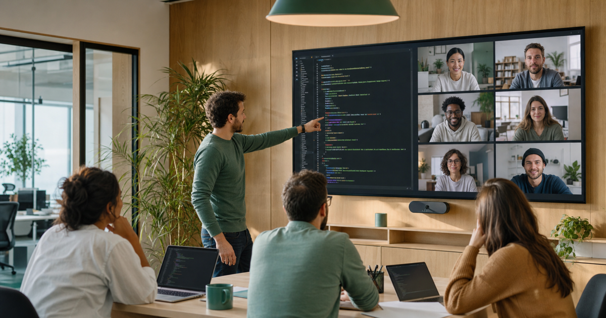 A distributed engineering team collaborating over a video call and shared code