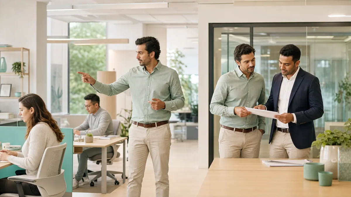 A split scene showing a founder directing individual developers on one side and reviewing delivered milestones with a vendor on the other