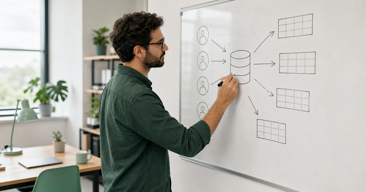 A developer designing database access roles on a whiteboard