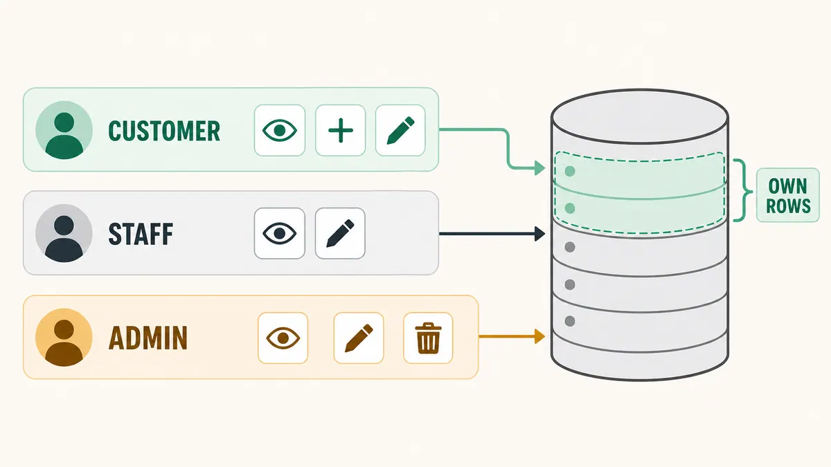 Customer, staff, and admin roles with different permissions over protected database rows
