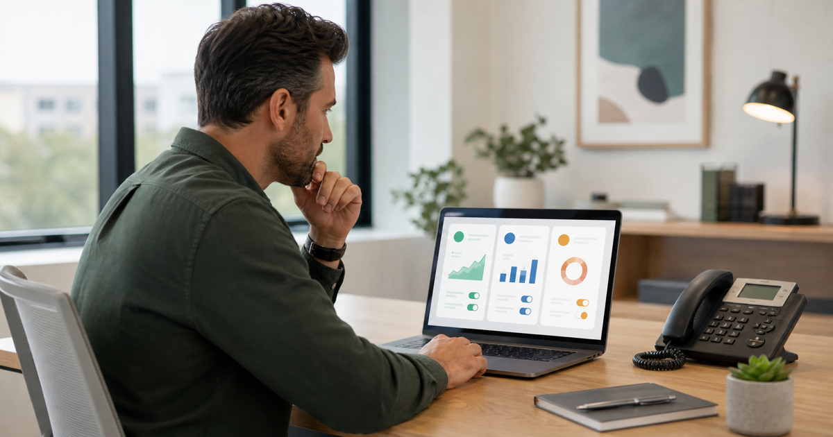 A business owner comparing three voice AI platforms on a laptop with a phone nearby
