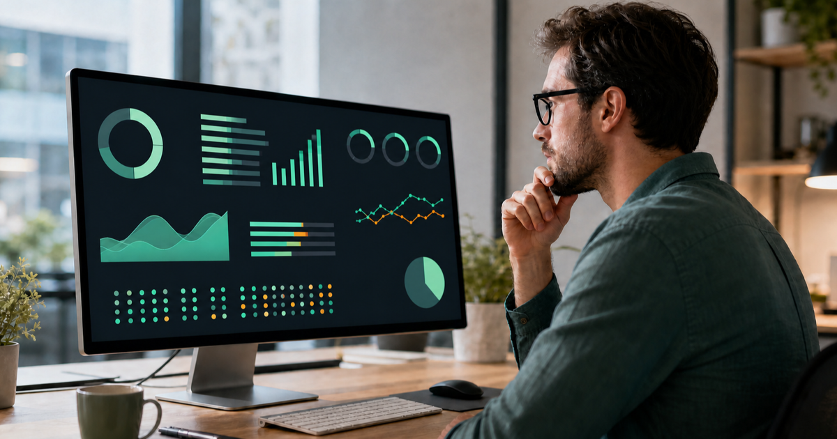 An engineer reviewing a codebase health dashboard on a large monitor