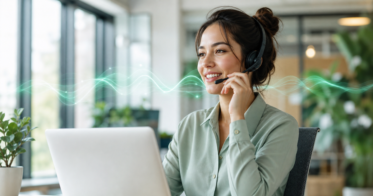 A person on a phone call with an AI voice agent visualized as sound waves