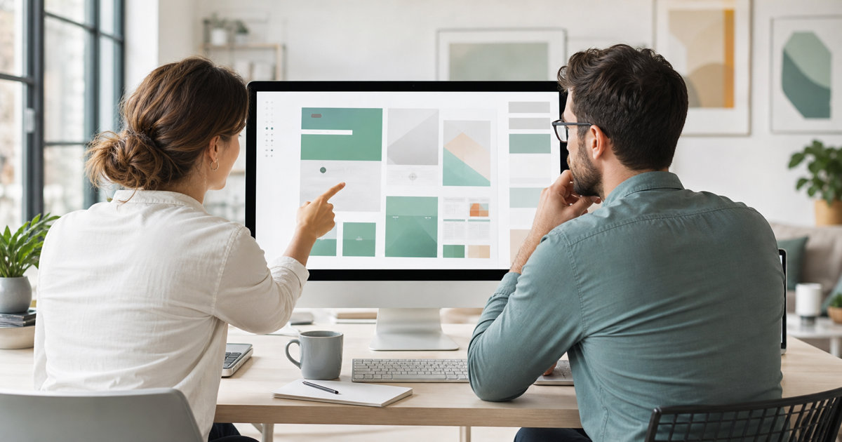 A designer and developer reviewing website mockups on a large monitor