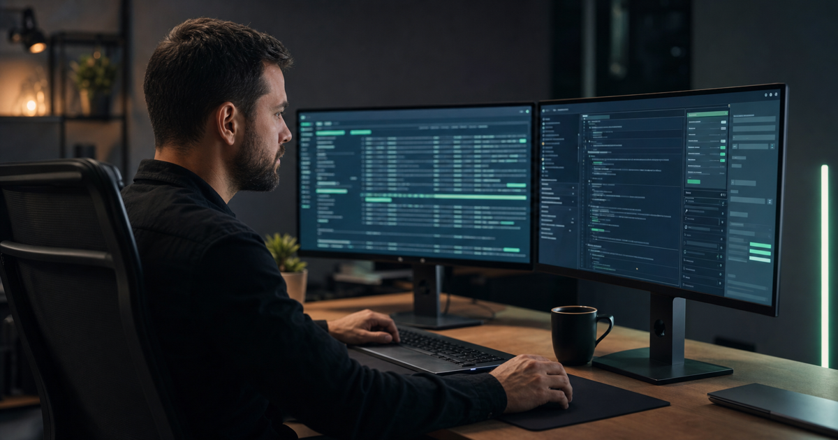 A security engineer reviewing application logs and configuration on two monitors