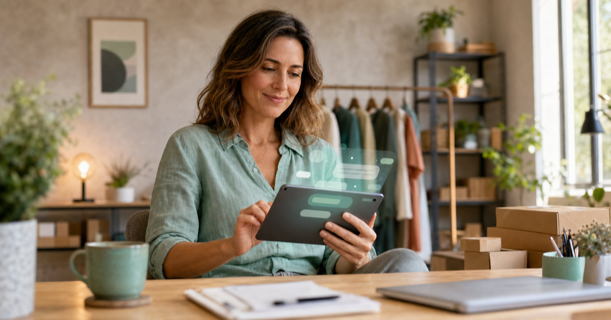 A business owner using a personalized AI assistant on a tablet