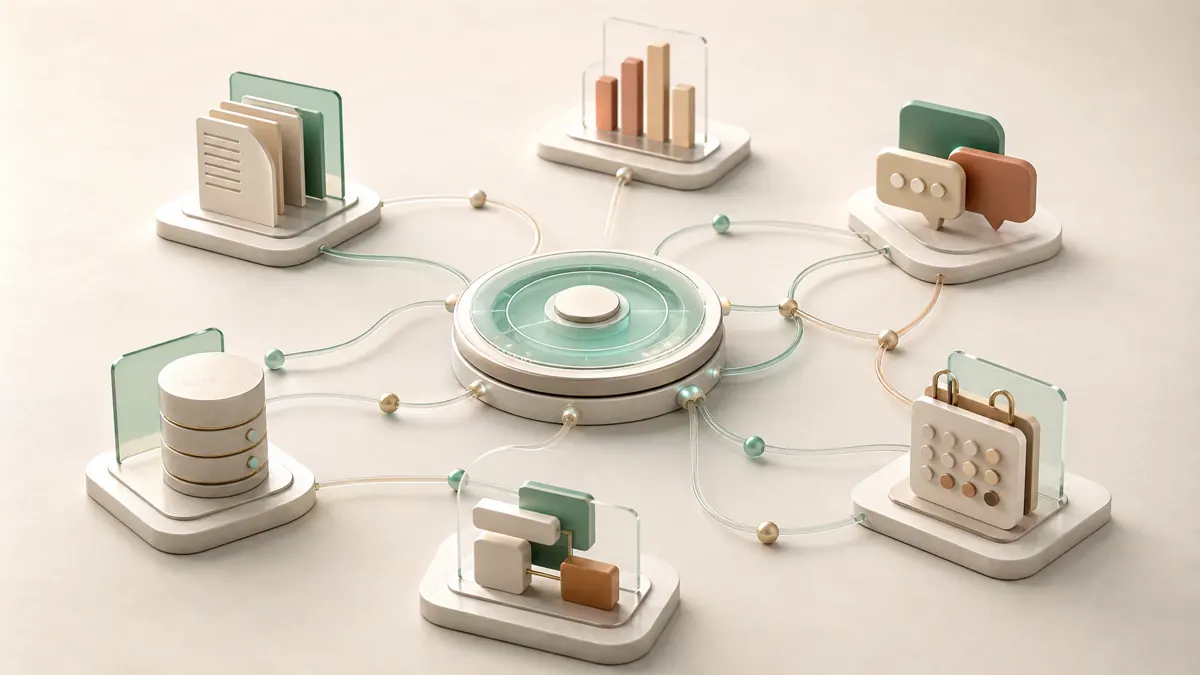 A workflow diagram showing business tools connected through an automation layer