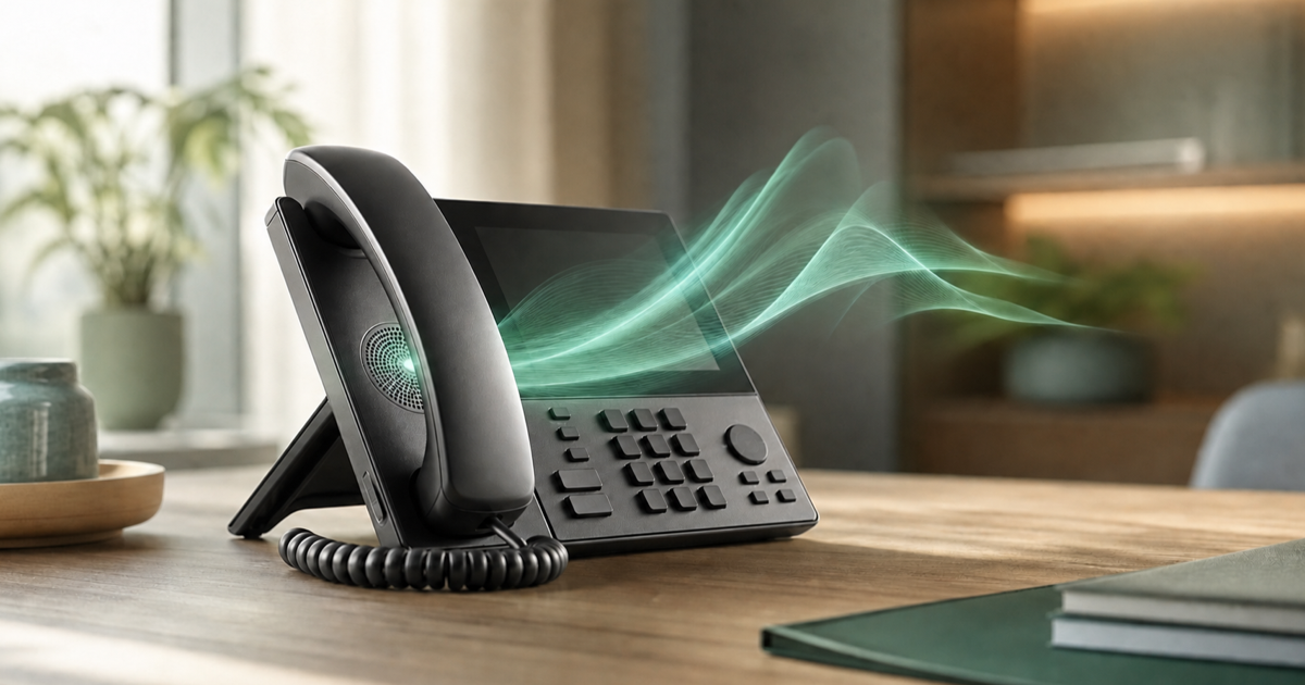 A business phone answered by an AI voice agent visualized as sound waves
