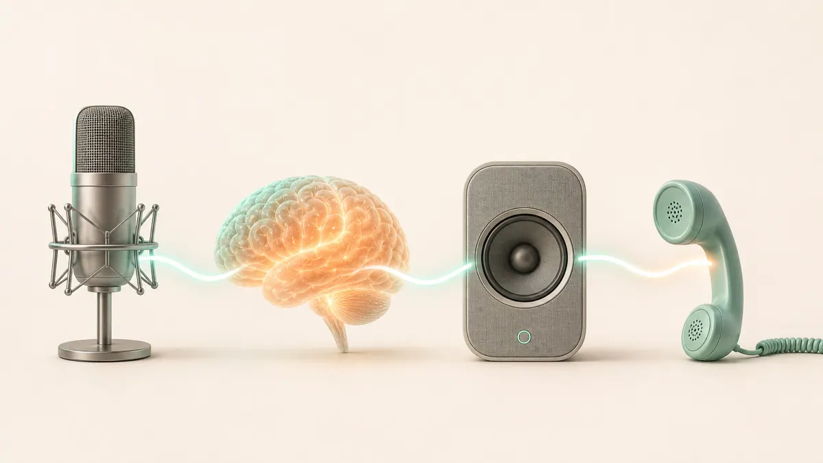 A simple diagram of speech-to-text, an AI brain, text-to-speech, and a phone line working together