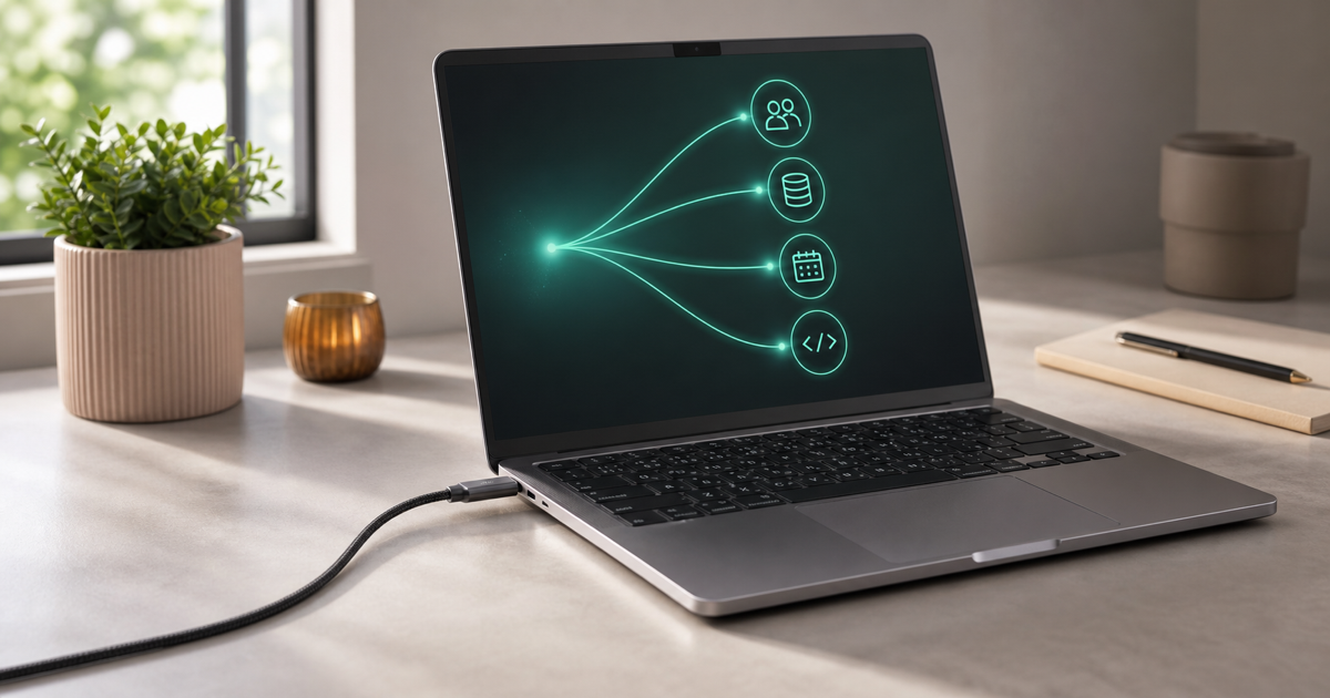 A single connector plugging an AI assistant into many business apps on a screen