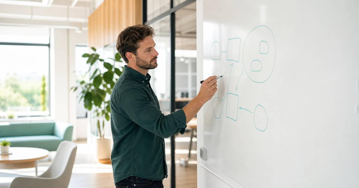 A founder sketching a minimum viable product on a whiteboard