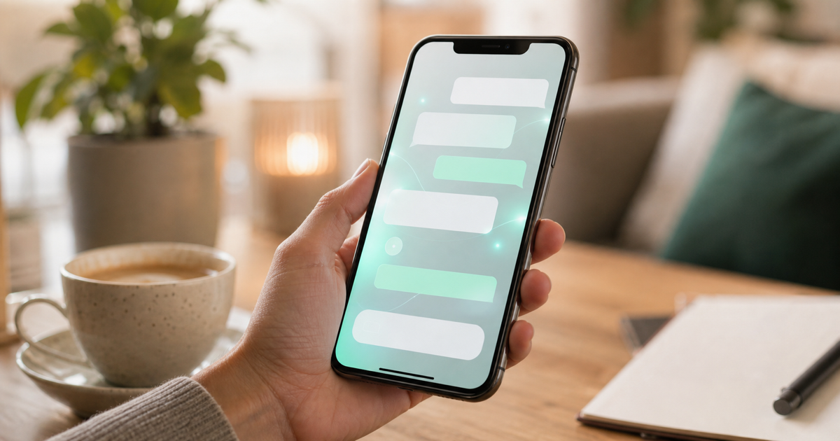 A customer chatting with a business AI assistant on a smartphone messaging app
