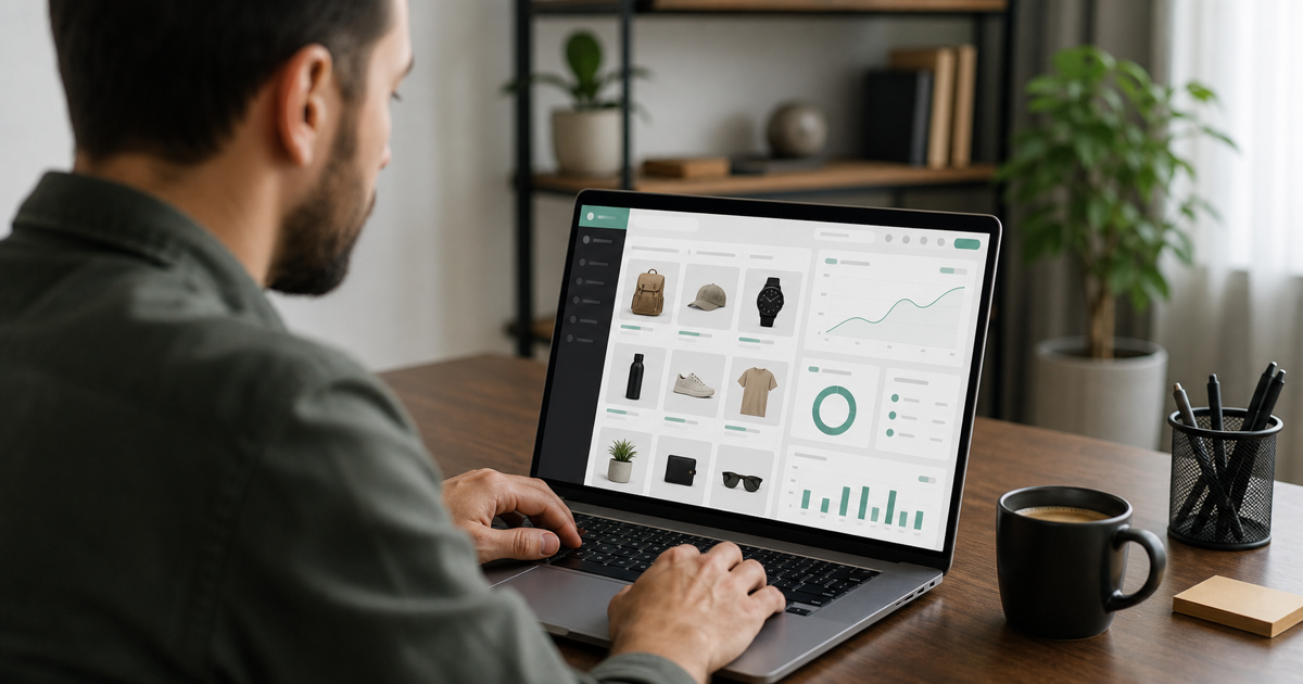 A developer building a custom WooCommerce store on a laptop with a product catalog and admin dashboard on screen
