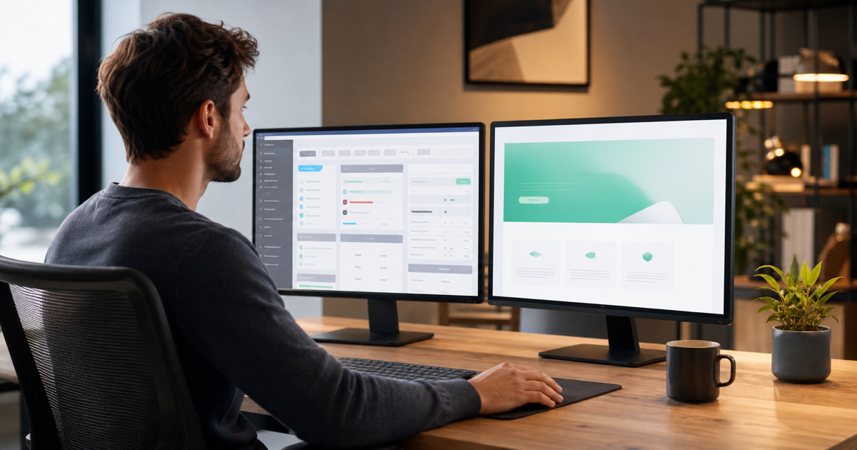 A developer comparing a WordPress dashboard with a fast Next.js site on two monitors