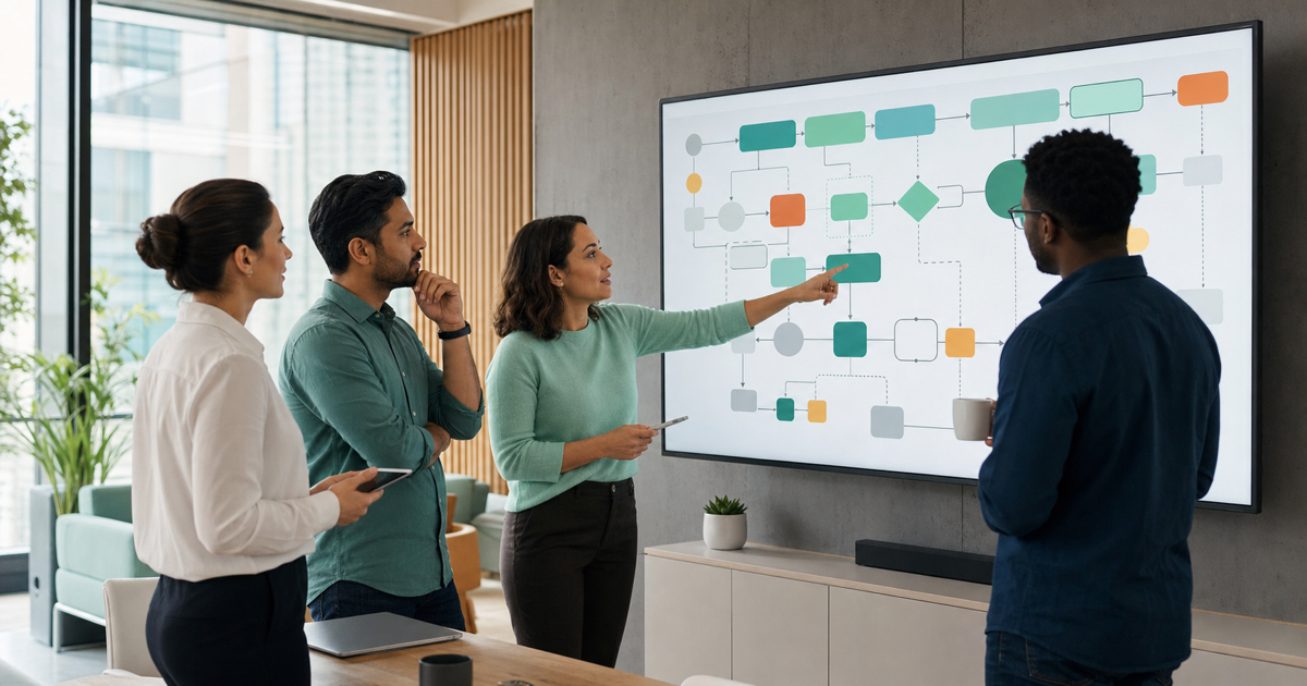 An operations team reviewing automation workflows on a large screen