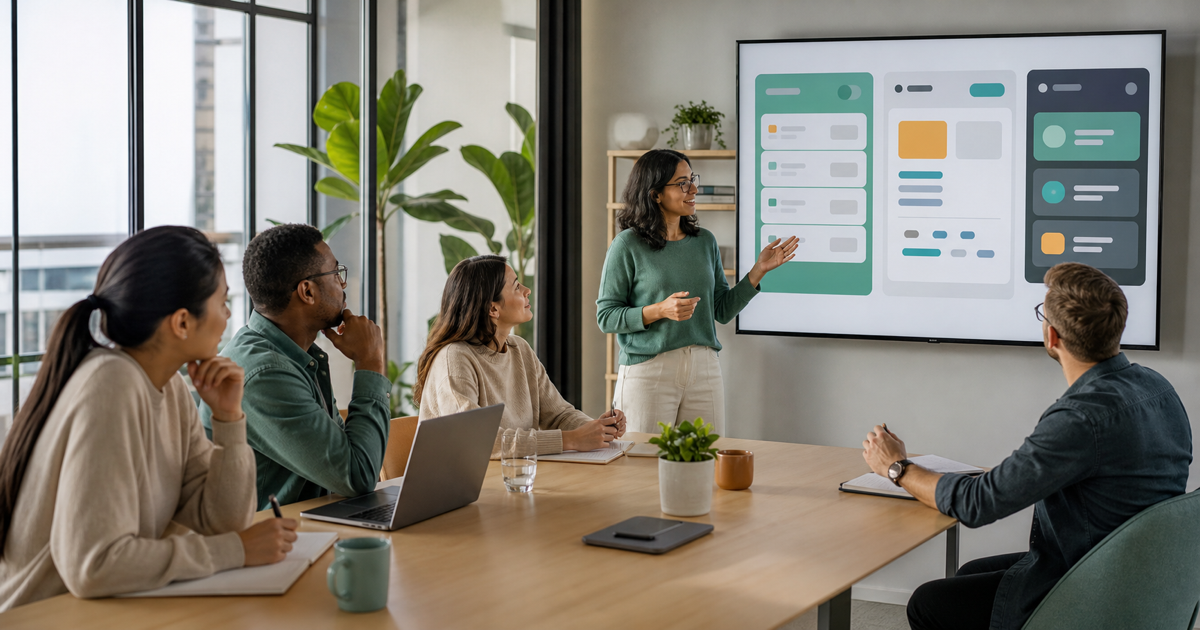 A support team comparing help desk software options on a large screen