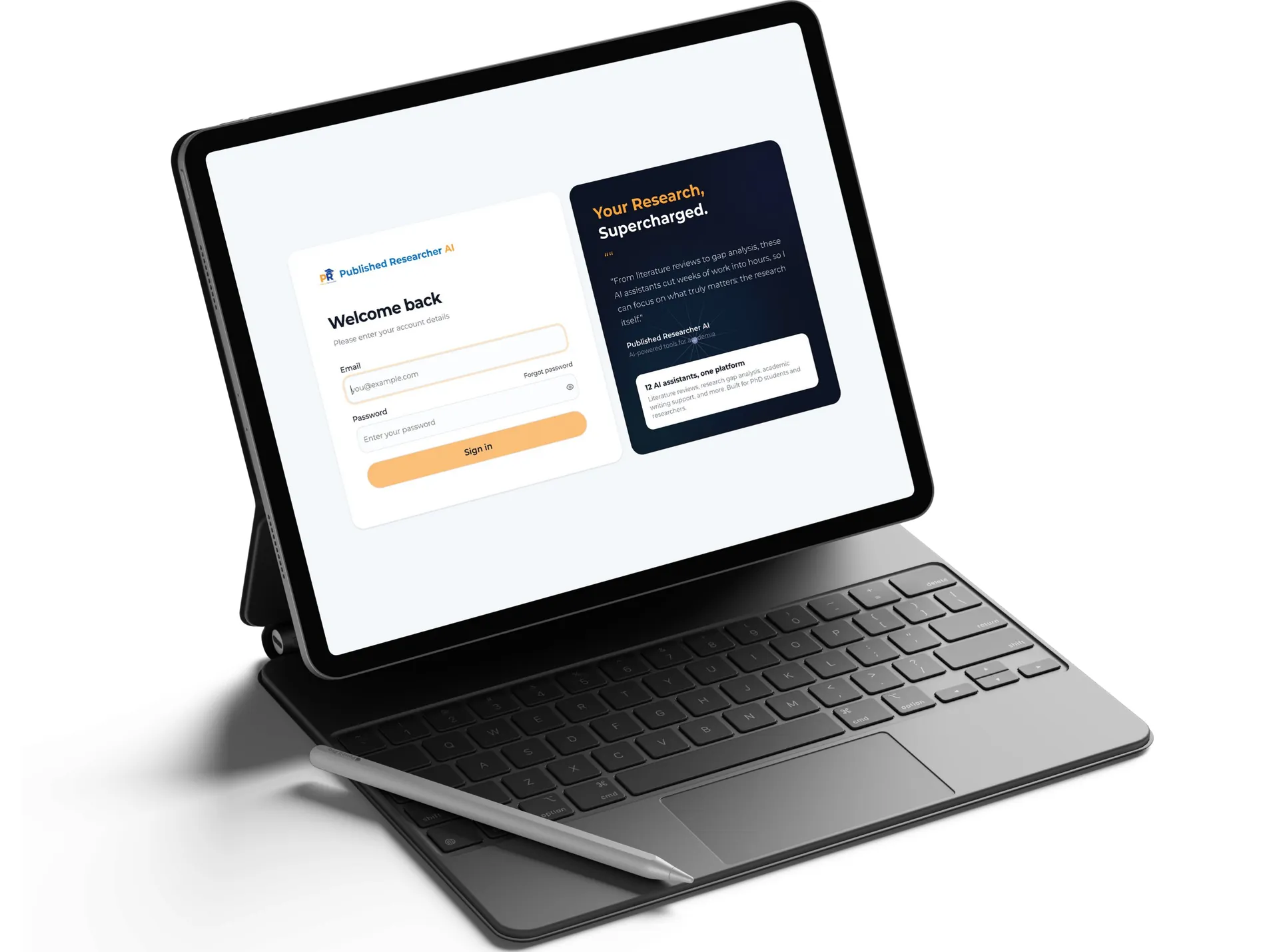 Sign-in screen for the research assistant platform on a tablet with stylus