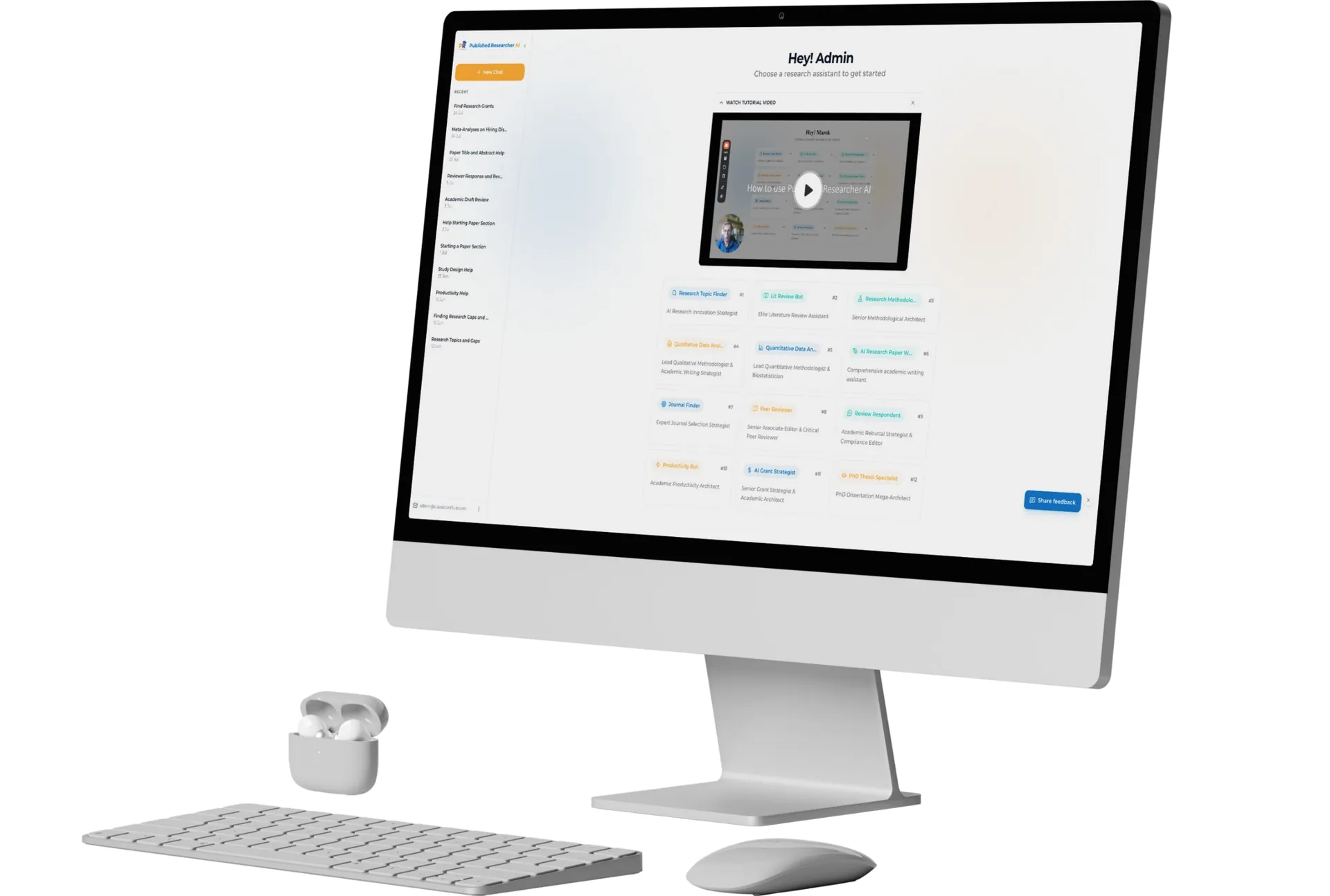 Assistant selection home screen with intro video on a desktop computer