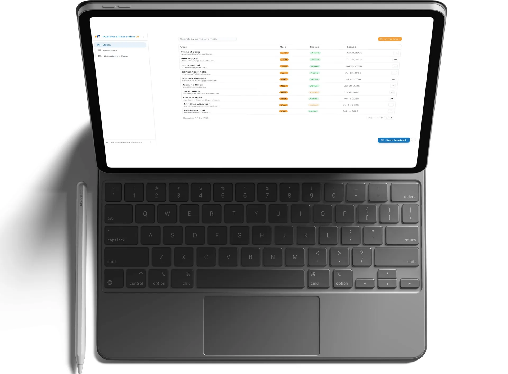 User management table in the admin dashboard on a tablet with keyboard