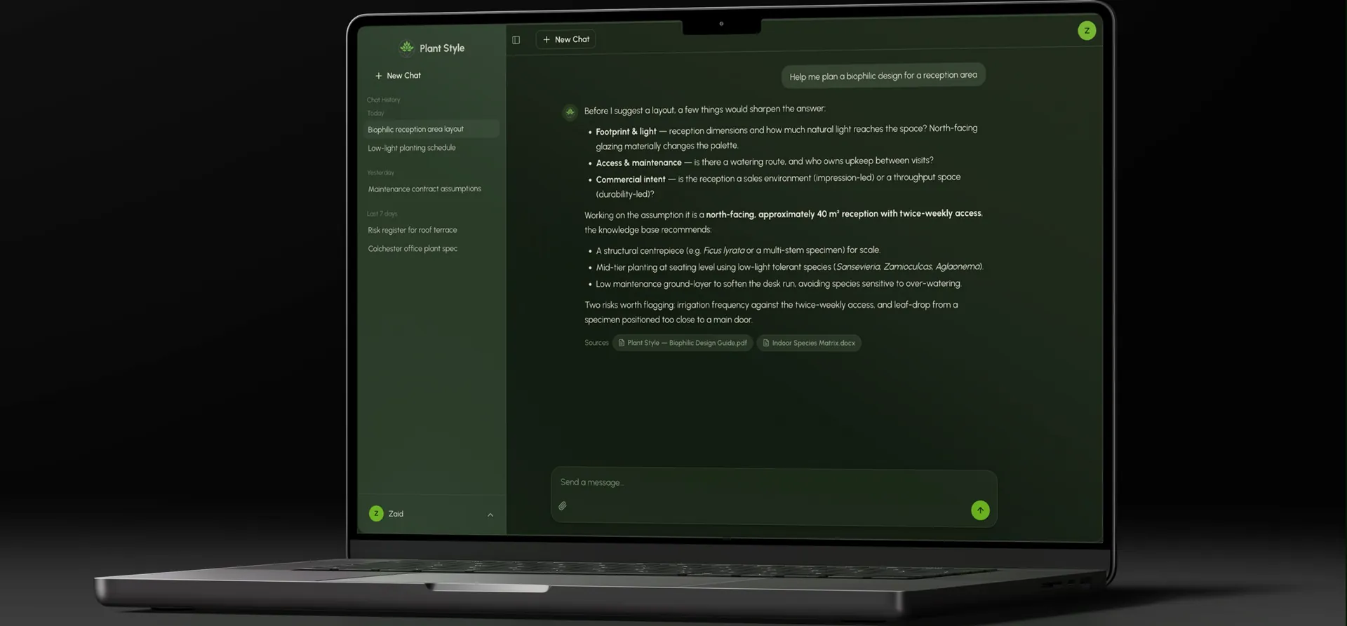 Laptop showing a chatbot conversation with a structured AI answer and source documents