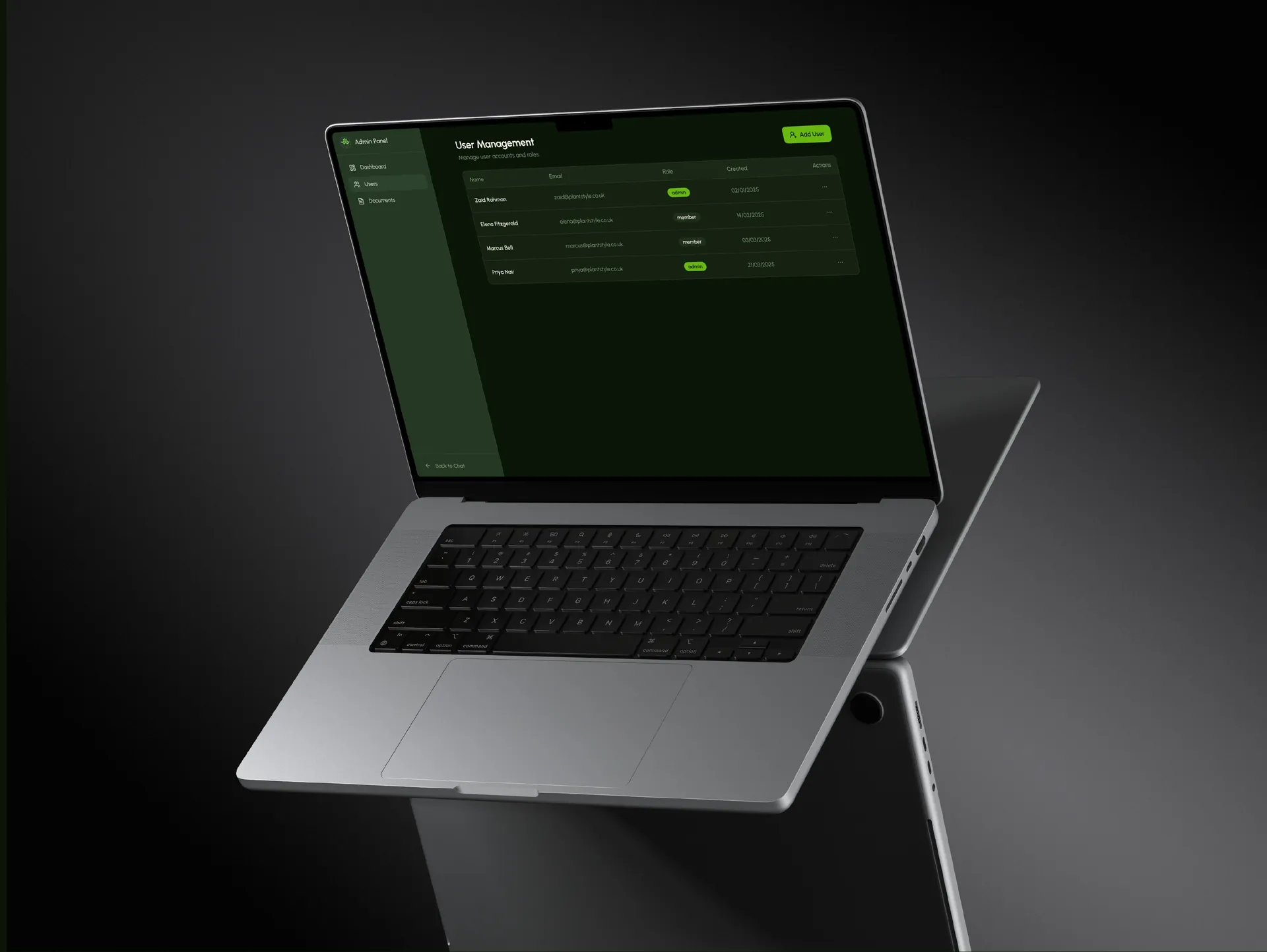 Laptop showing the admin user management table