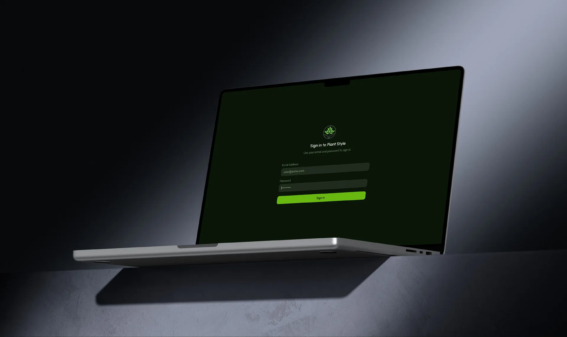 Laptop showing the chatbot sign-in screen in a dark green theme