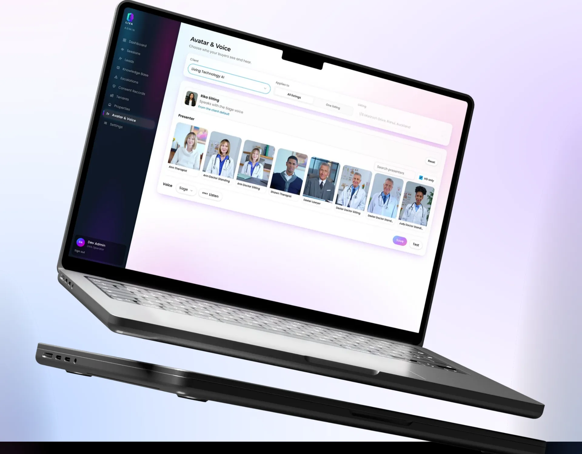 Avatar and voice settings with a grid of presenter avatars on a laptop