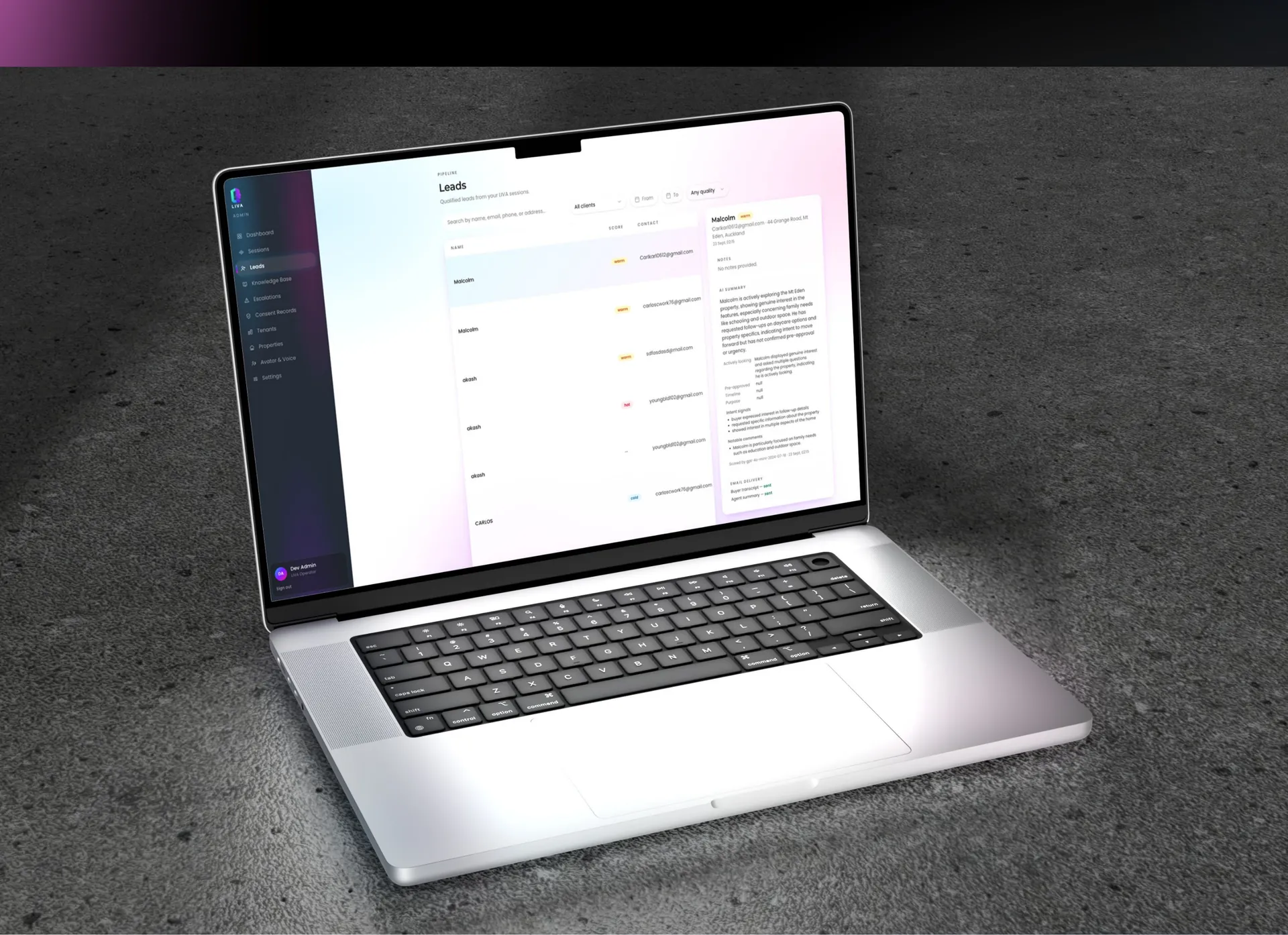 Leads list with a lead detail summary panel on a laptop