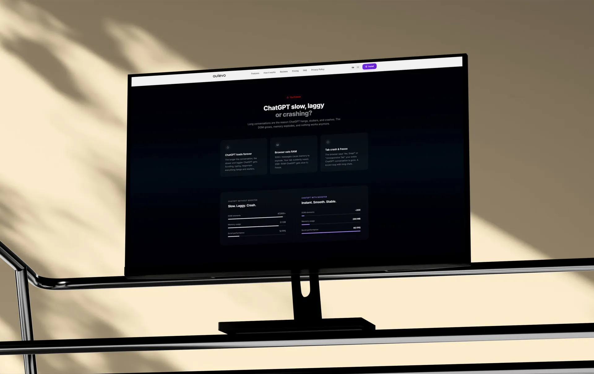 Dark landing section comparing slow and fast chat performance on a desktop monitor
