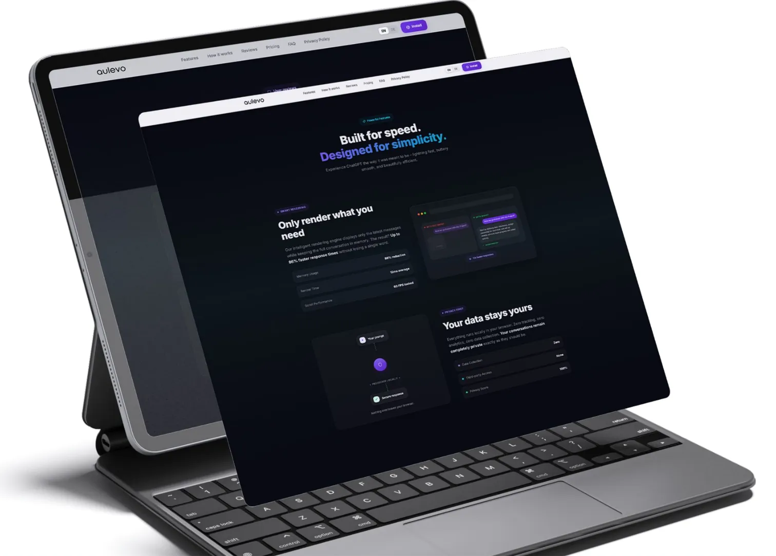 Feature pages about speed and data privacy on a tablet and laptop