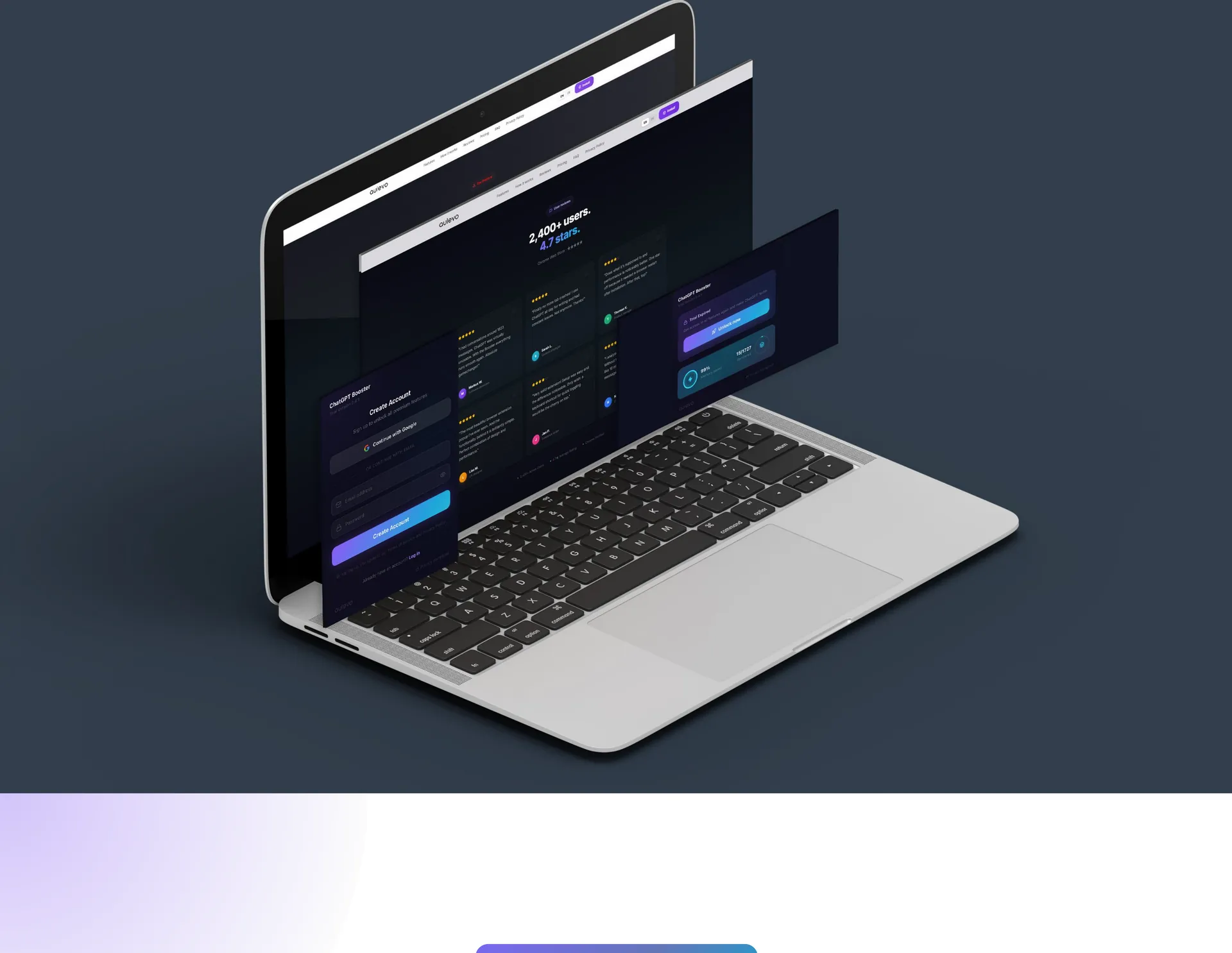 Layered screens with user reviews and sign-up panels over a laptop