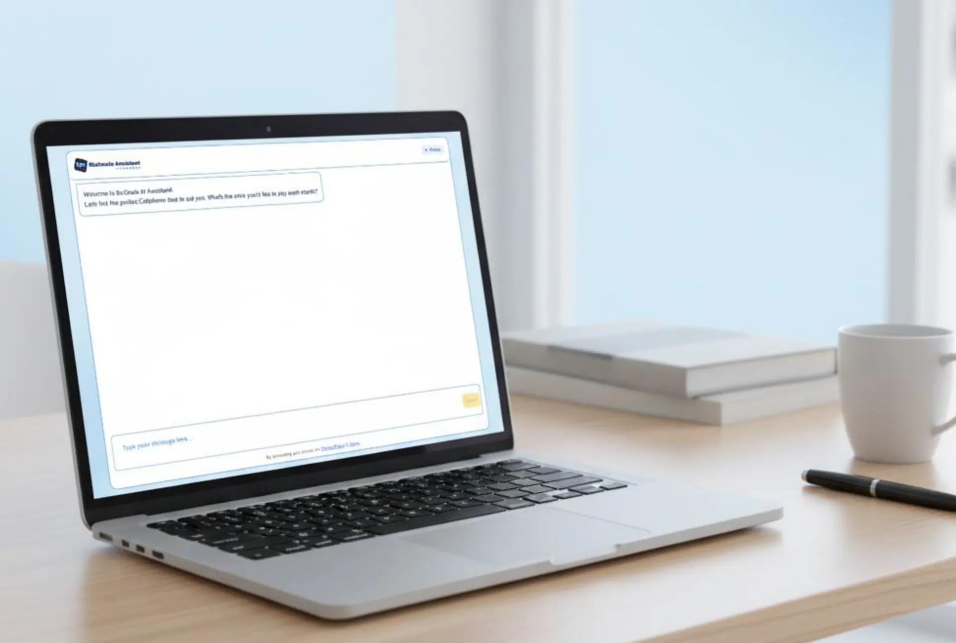 Laptop on a bright desk showing the sales assistant chat welcome message