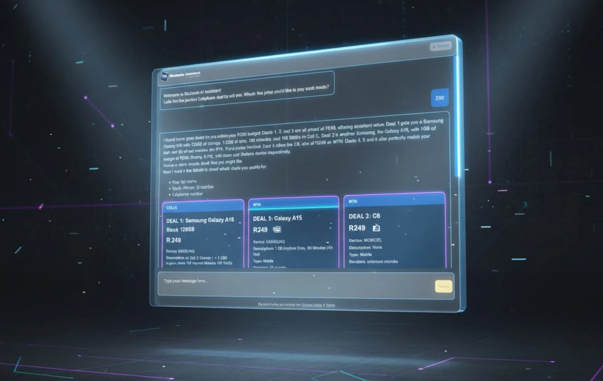 Floating glass-style chat window showing phone deal cards with monthly prices