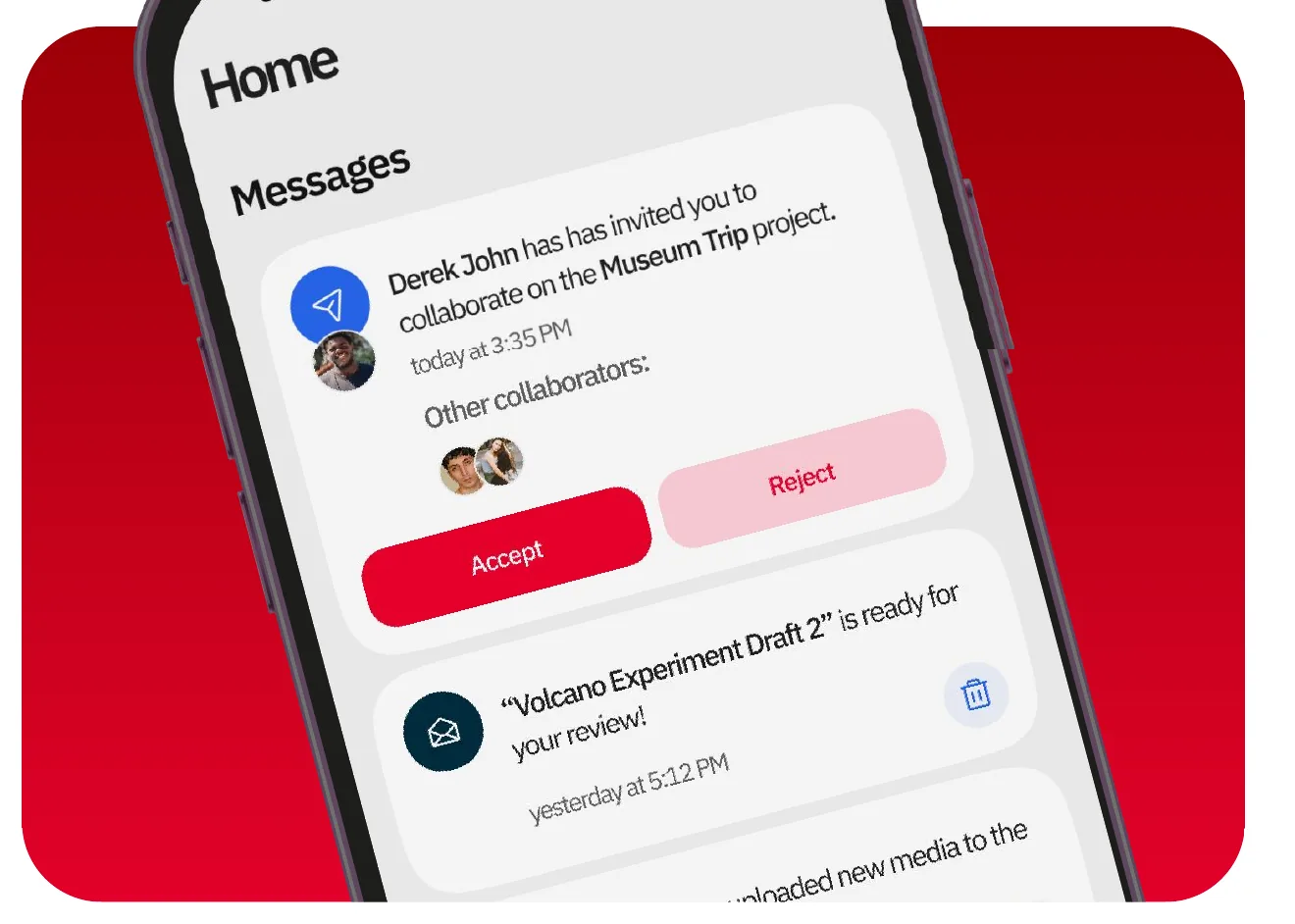 Messages and collaboration invites in the Brevidee app