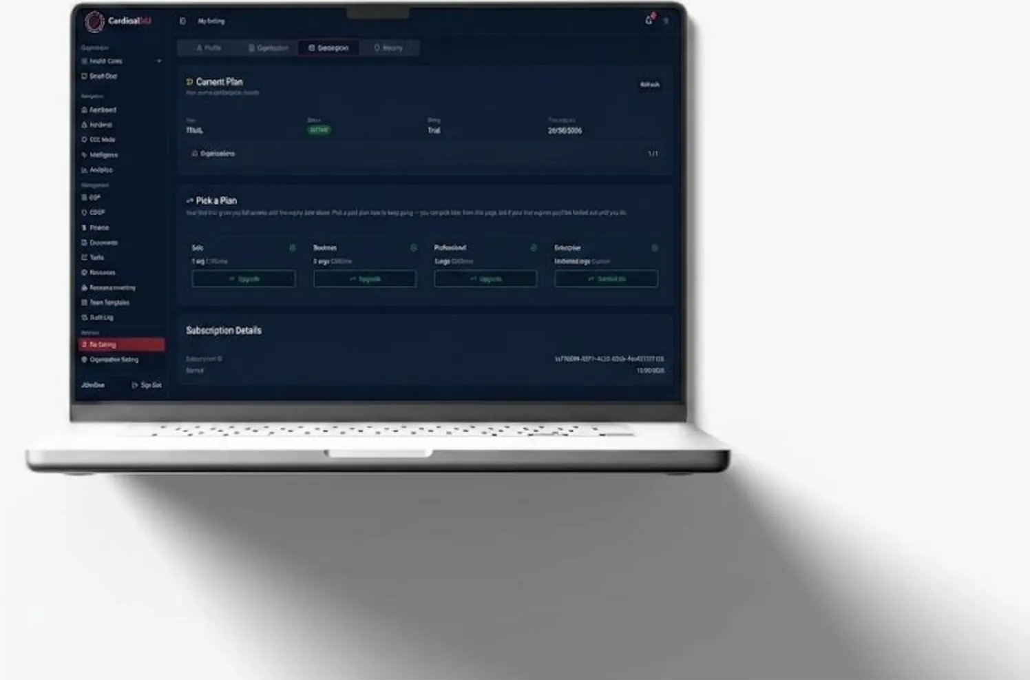 Subscription plan and billing settings in a dark dashboard on a floating laptop