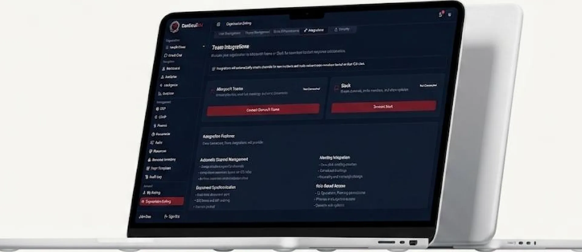 Team integrations settings for messaging tools on a laptop